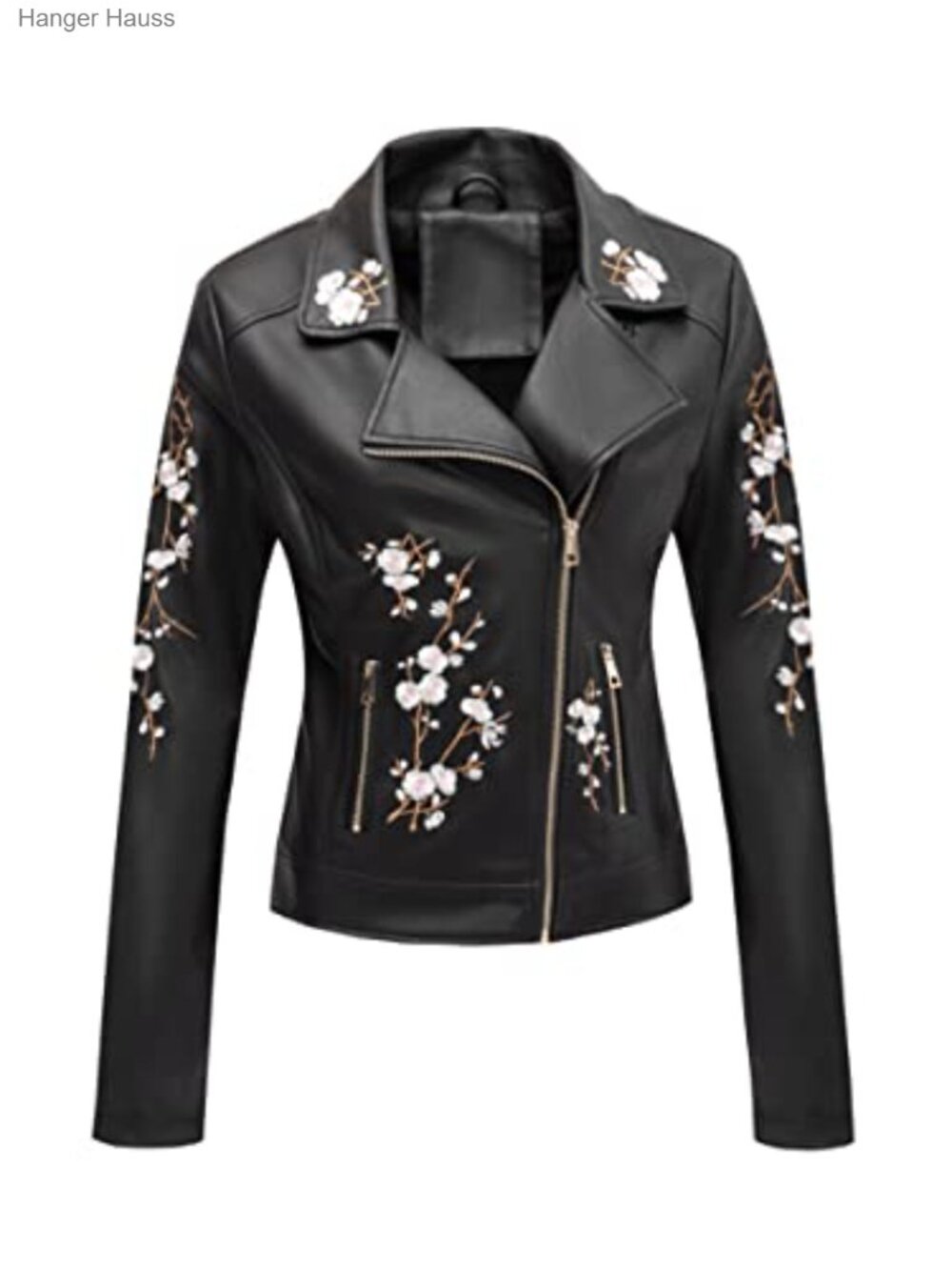Women's Faux Leather Moto Jacket Floral Embroidered Lightweight